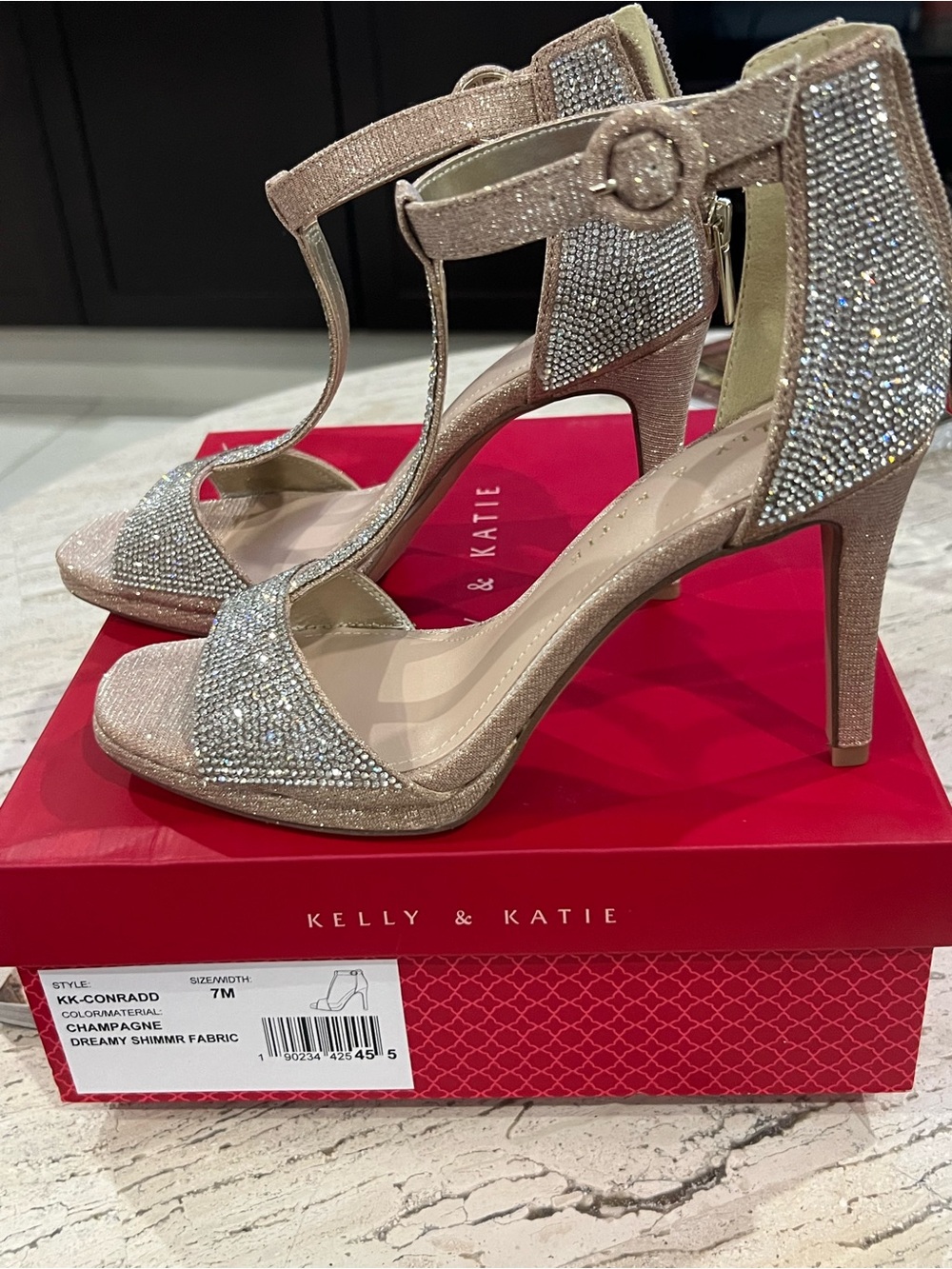 Kelly & Katie Champagne T-Strap Crystal Evening Heels